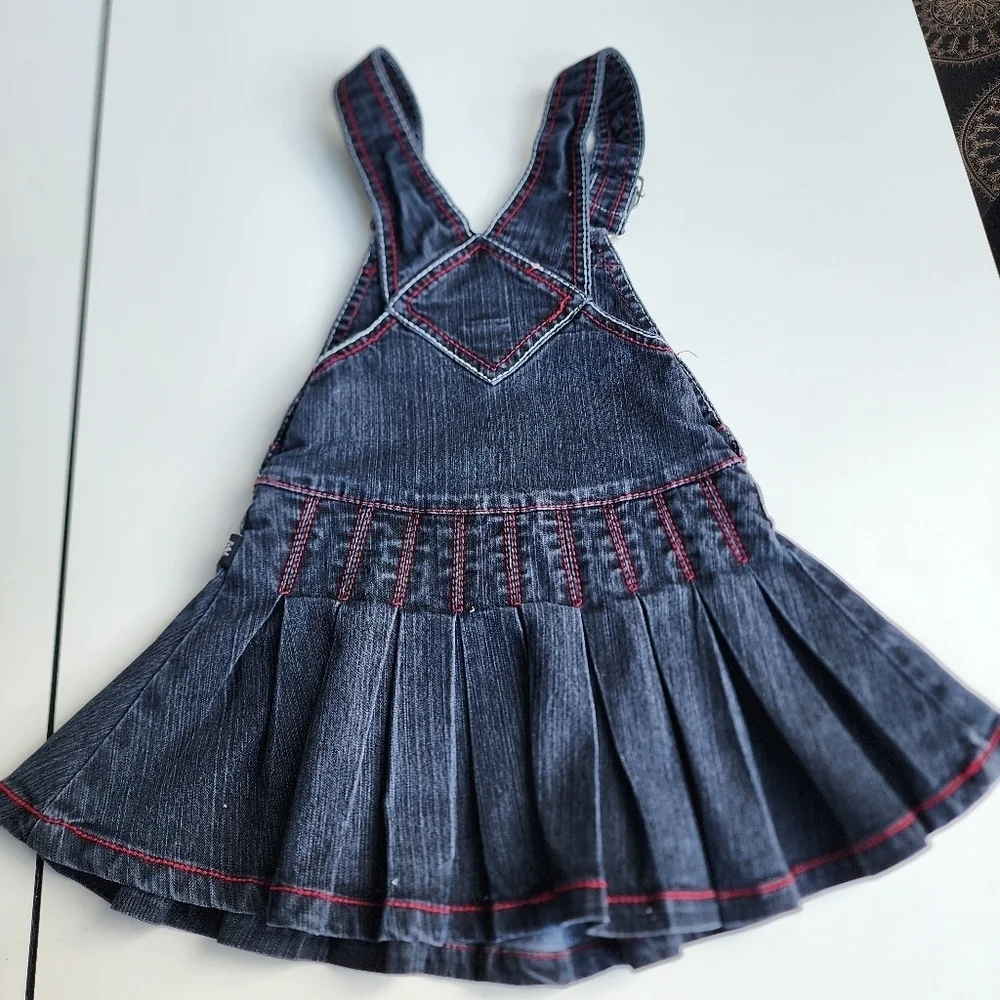 Dark Blue Denim Overalls with Pleated Skirt and Adjustable Straps